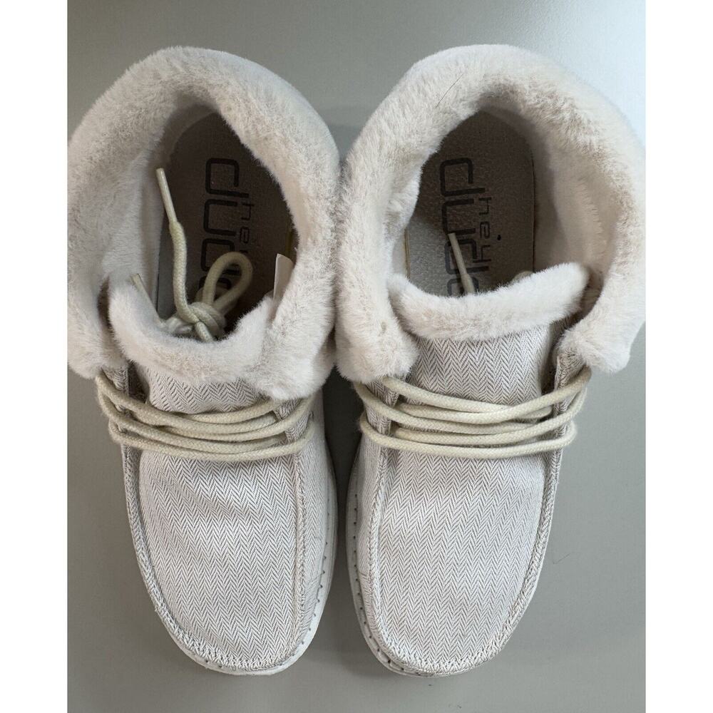 Hey Dude Women's Britt Shoes 9 Herringbone Cream Faux Fur Trim Comfort Cozy - Picture 6 of 13